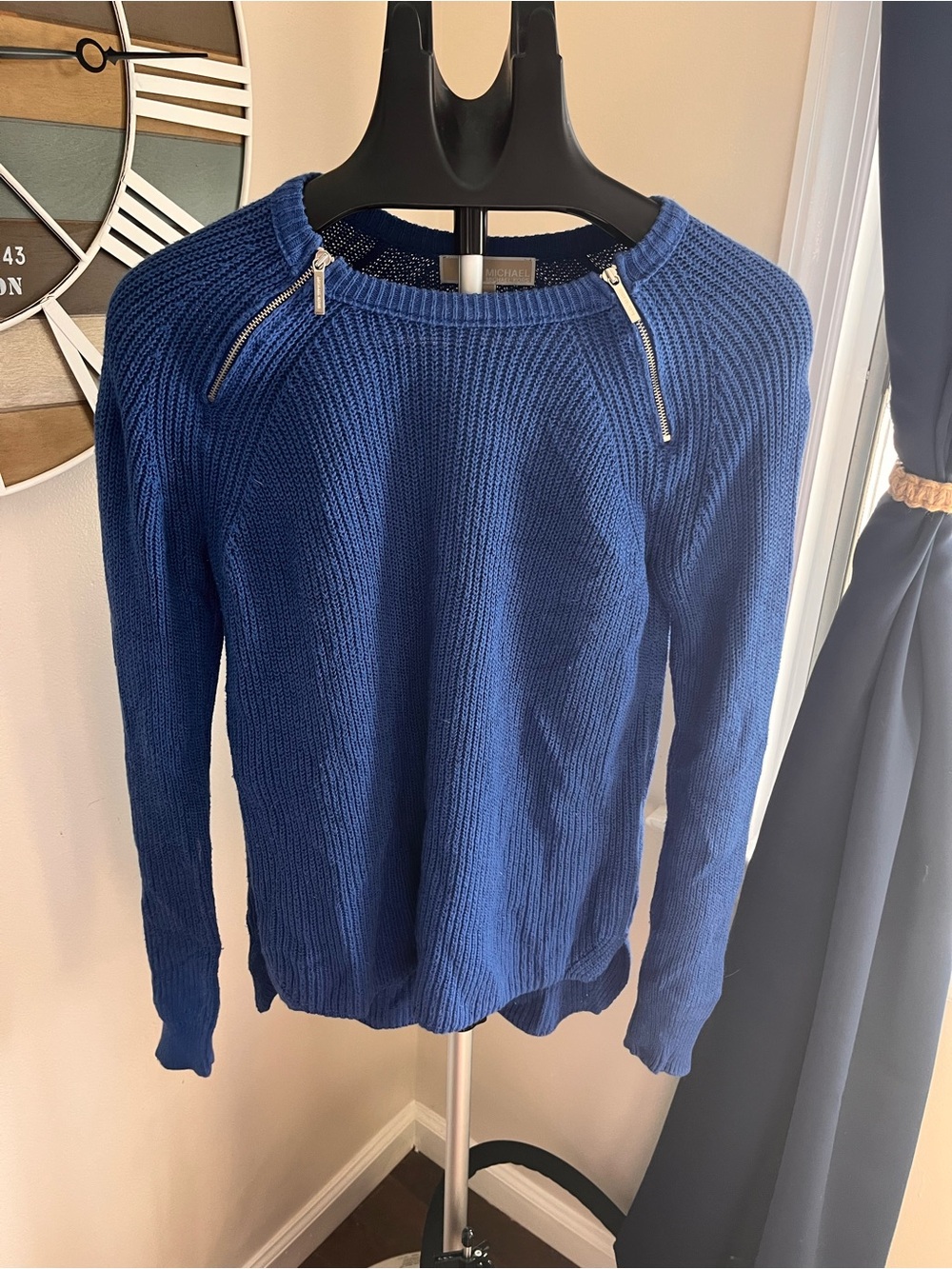 Michael Kors Deep Blue Crewneck Sweater with Shoulder Zips